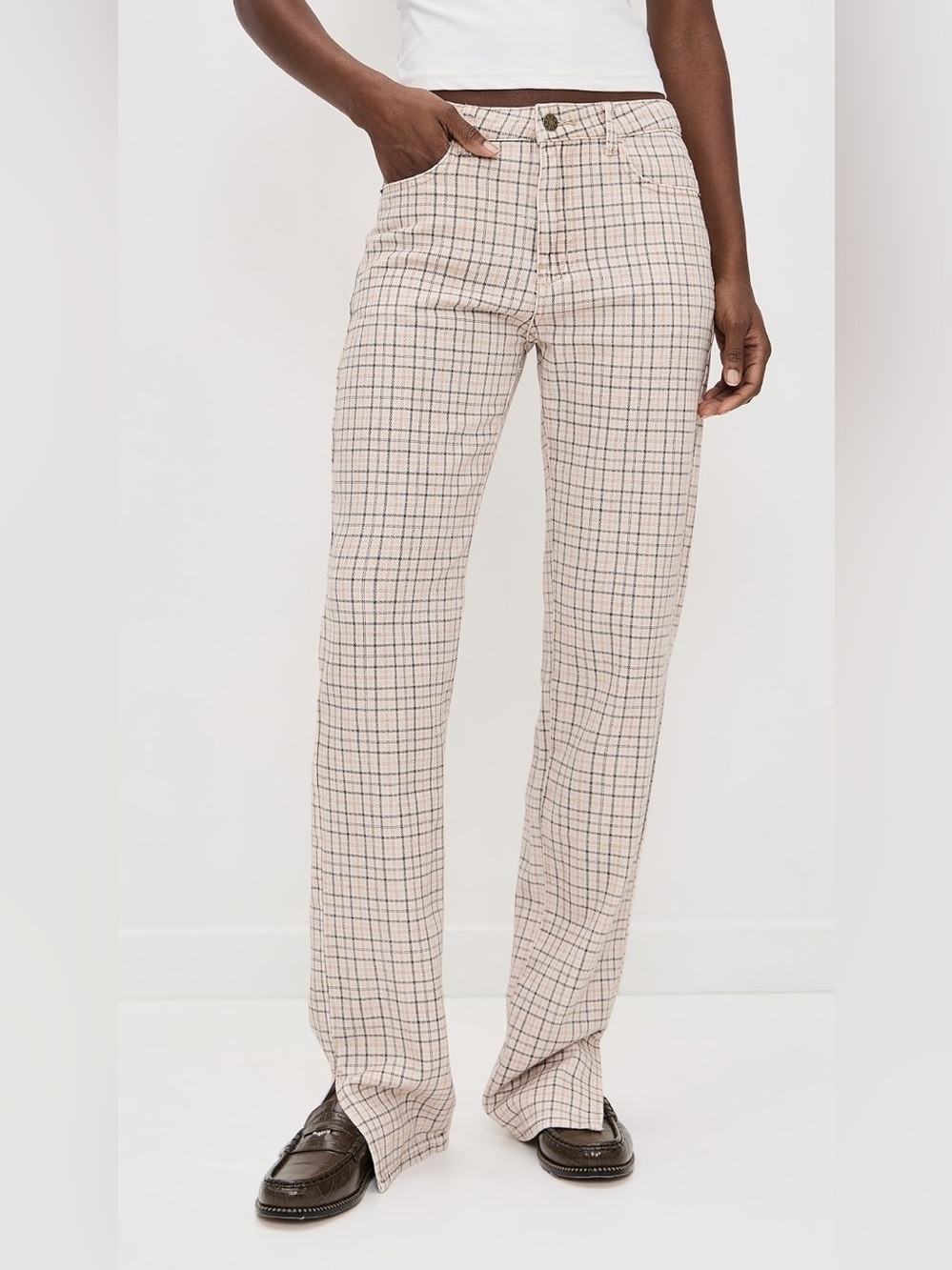Lioness Alabama Jeans - Almond Plaid Cream Cotton Denim Pants